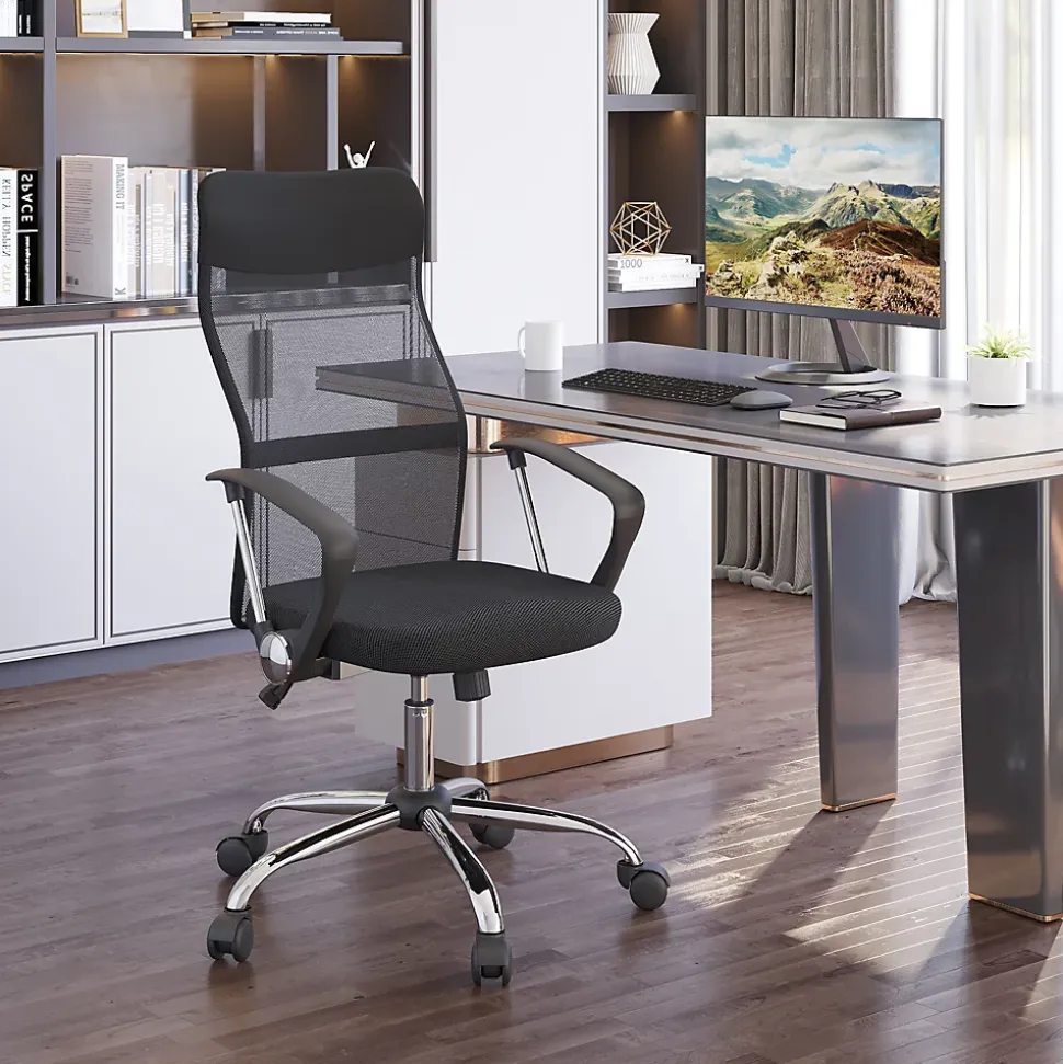 Fauteuil de bureau ergonomique - Chaise de bureau pivotante avec dossier haut réglable, Confort longue durée, Foam, Noir