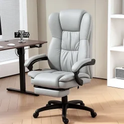 Fauteuil de Bureau Ergonomique - Chaise de Bureau Massant Chauffant avec Repose-Pieds, Inclinable et Pivotant, PU Gris Clair