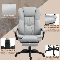 Fauteuil de Bureau Ergonomique - Chaise de Bureau Massant Chauffant avec Repose-Pieds, Inclinable et Pivotant, PU Gris Clair