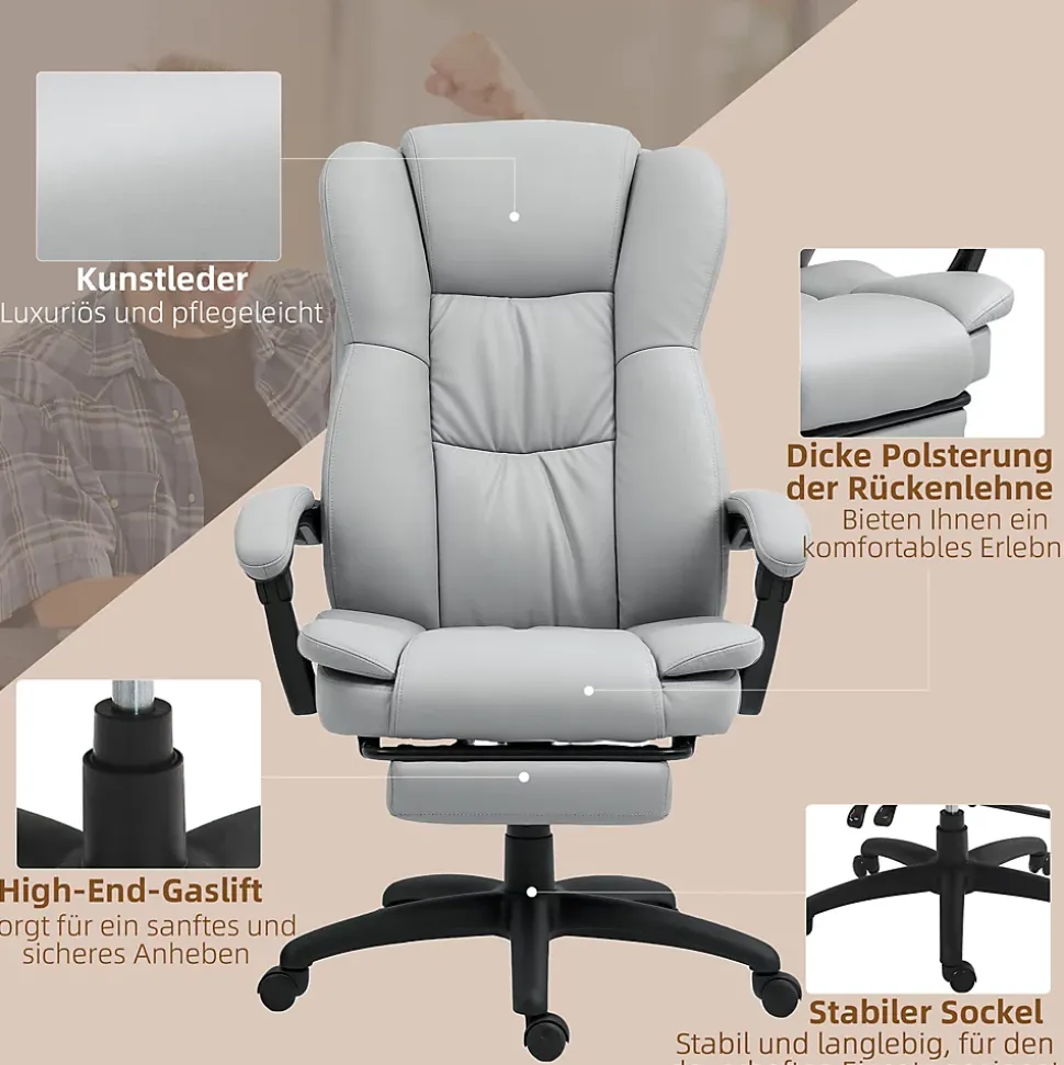 Fauteuil de Bureau Ergonomique - Chaise de Bureau Massant Chauffant avec Repose-Pieds, Inclinable et Pivotant, PU Gris Clair