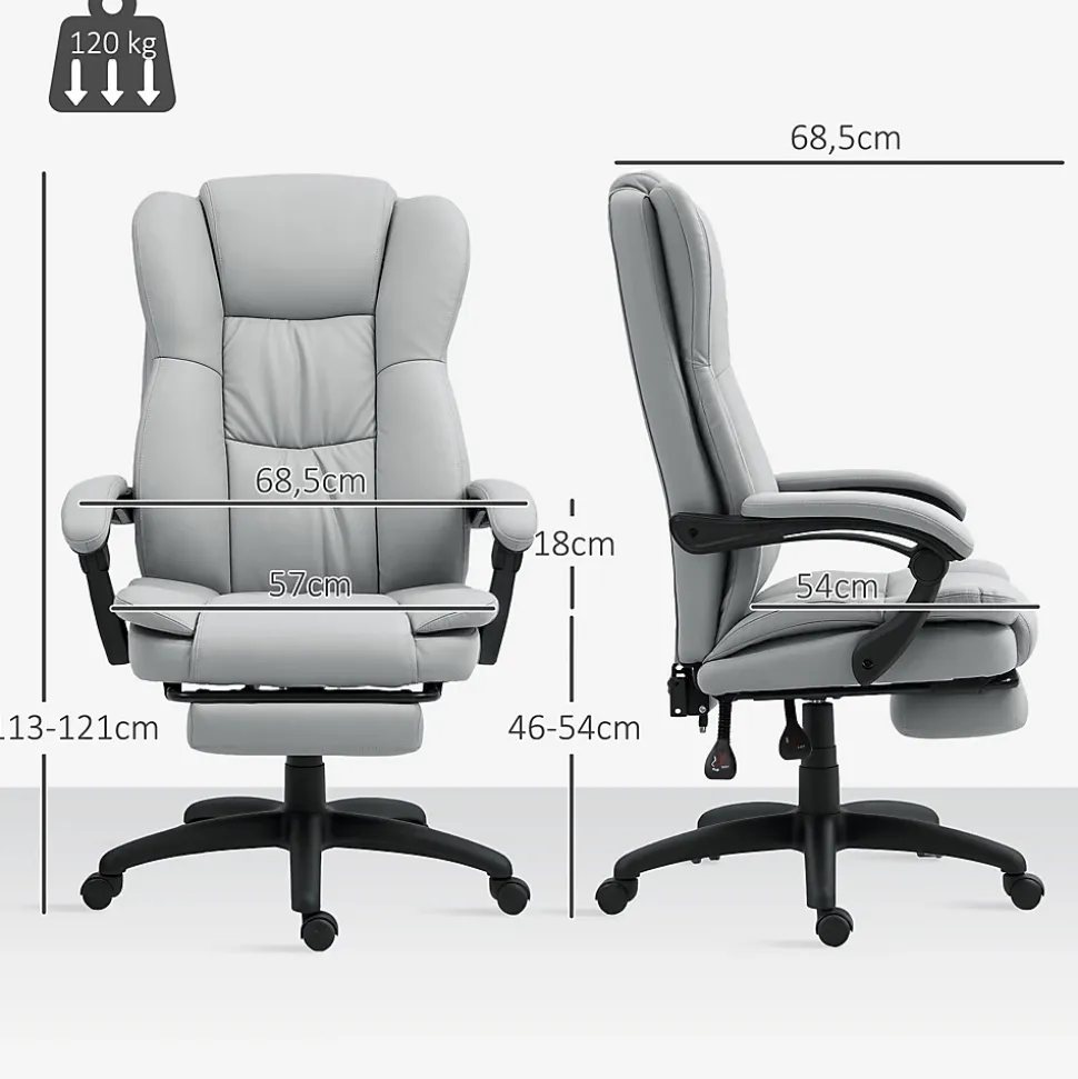 Fauteuil de Bureau Ergonomique - Chaise de Bureau Massant Chauffant avec Repose-Pieds, Inclinable et Pivotant, PU Gris Clair