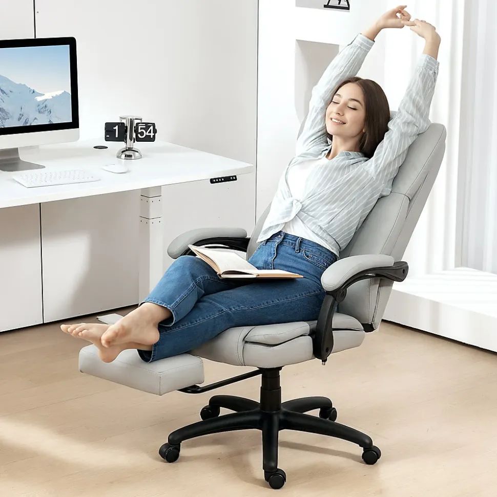Fauteuil de Bureau Ergonomique - Chaise de Bureau Massant Chauffant avec Repose-Pieds, Inclinable et Pivotant, PU Gris Clair