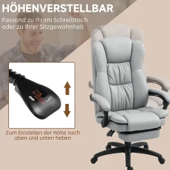 Fauteuil de Bureau Ergonomique - Chaise de Bureau Massant Chauffant avec Repose-Pieds, Inclinable et Pivotant, PU Gris Clair