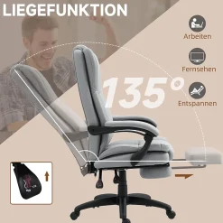 Fauteuil de Bureau Ergonomique - Chaise de Bureau Massant Chauffant avec Repose-Pieds, Inclinable et Pivotant, PU Gris Clair