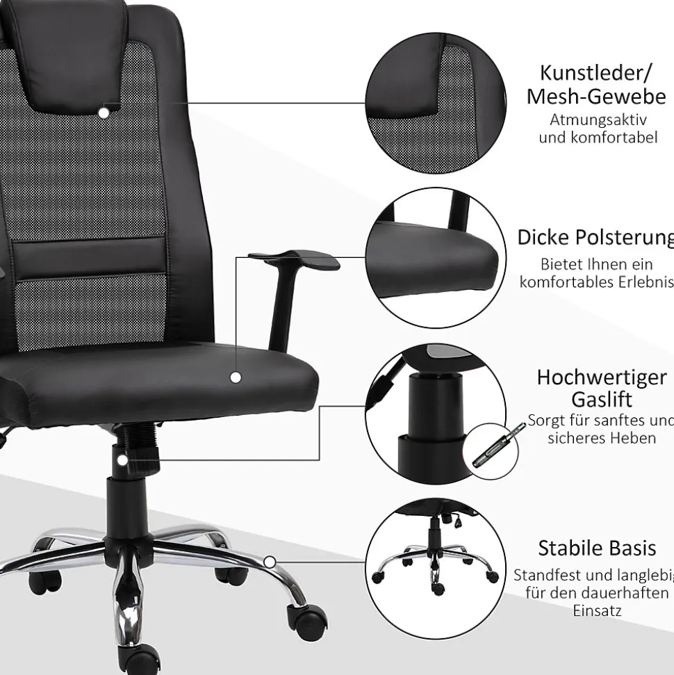 Fauteuil de Bureau Ergonomique - Chaise Pivotante avec Fonction Bascule et Réglage Hauteur, Confortable et Robuste 120 kg, PU Noir