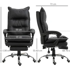 Fauteuil de Bureau Ergonomique Inclinable avec Repose-Pieds - PU Confortable, Réglable, Noir, 66x72x130 cm