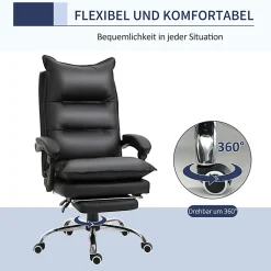Fauteuil de Bureau Ergonomique Inclinable avec Repose-Pieds - PU Confortable, Réglable, Noir, 66x72x130 cm