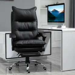 Fauteuil de Bureau Ergonomique Inclinable avec Repose-Pieds - PU Confortable, Réglable, Noir, 66x72x130 cm