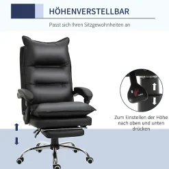Fauteuil de Bureau Ergonomique Inclinable avec Repose-Pieds - PU Confortable, Réglable, Noir, 66x72x130 cm