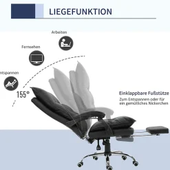 Fauteuil de Bureau Ergonomique Inclinable avec Repose-Pieds - PU Confortable, Réglable, Noir, 66x72x130 cm