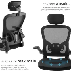 Fauteuil de bureau ergonomique soutien lombaire et appuie-tête noir