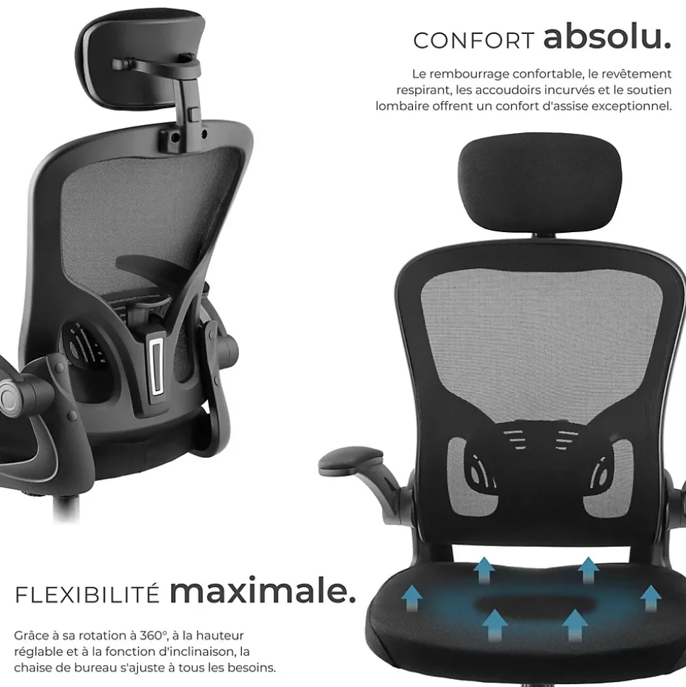 Fauteuil de bureau ergonomique soutien lombaire et appuie-tête noir