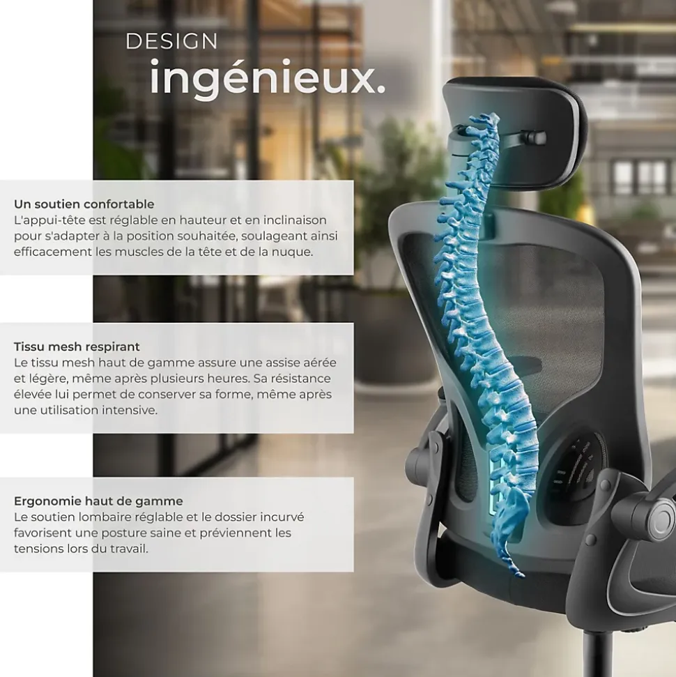 Fauteuil de bureau ergonomique soutien lombaire et appuie-tête noir