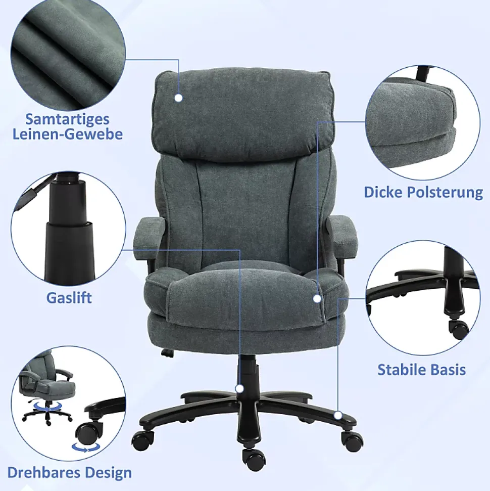 Fauteuil de Bureau Ergonomique Grande Taille - Chaise Confortable Renforcée 200 kg en Tissu Doux, Gris, 68,5x79x125 cm