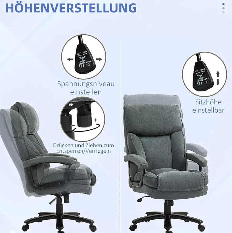 Fauteuil de Bureau Ergonomique Grande Taille - Chaise Confortable Renforcée 200 kg en Tissu Doux, Gris, 68,5x79x125 cm