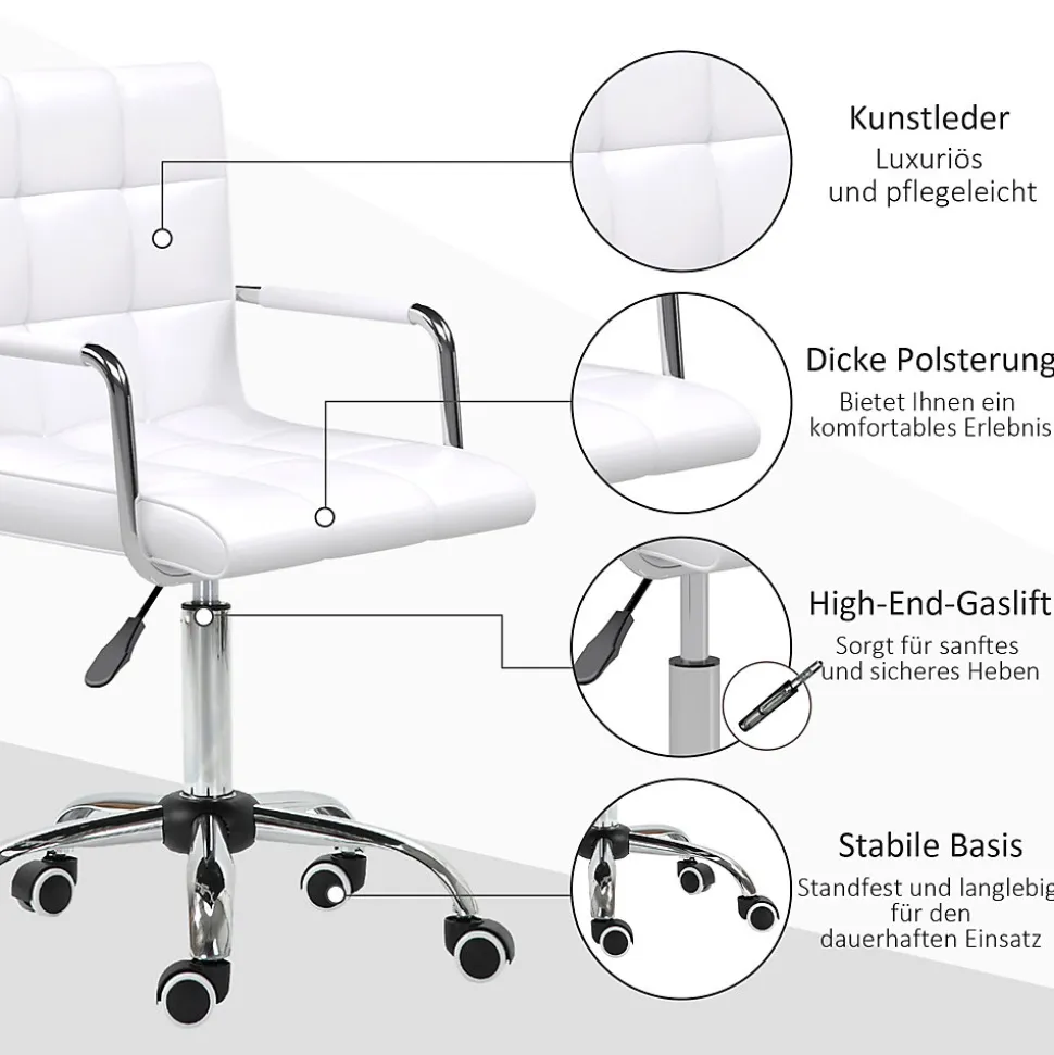 Fauteuil de Bureau Ergonomique - Chaise de Bureau Pivotante Réglable en Hauteur avec Rembourrage Confortable, PU PVC Blanc