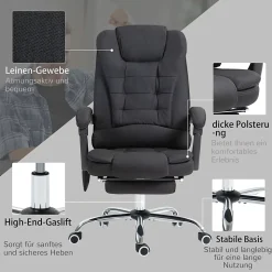 Fauteuil de Bureau Ergonomique - Chaise de Bureau Massante Chauffante avec Télécommande et Repose-Pieds, Polyester Noir