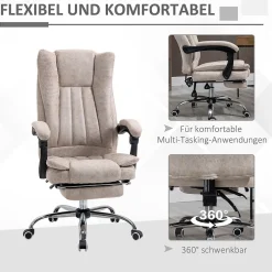 Fauteuil de Bureau Ergonomique - Chaise de Bureau Inclinable avec Repose-Pieds, Microfibre Douce, 63x71x118 cm, Beige