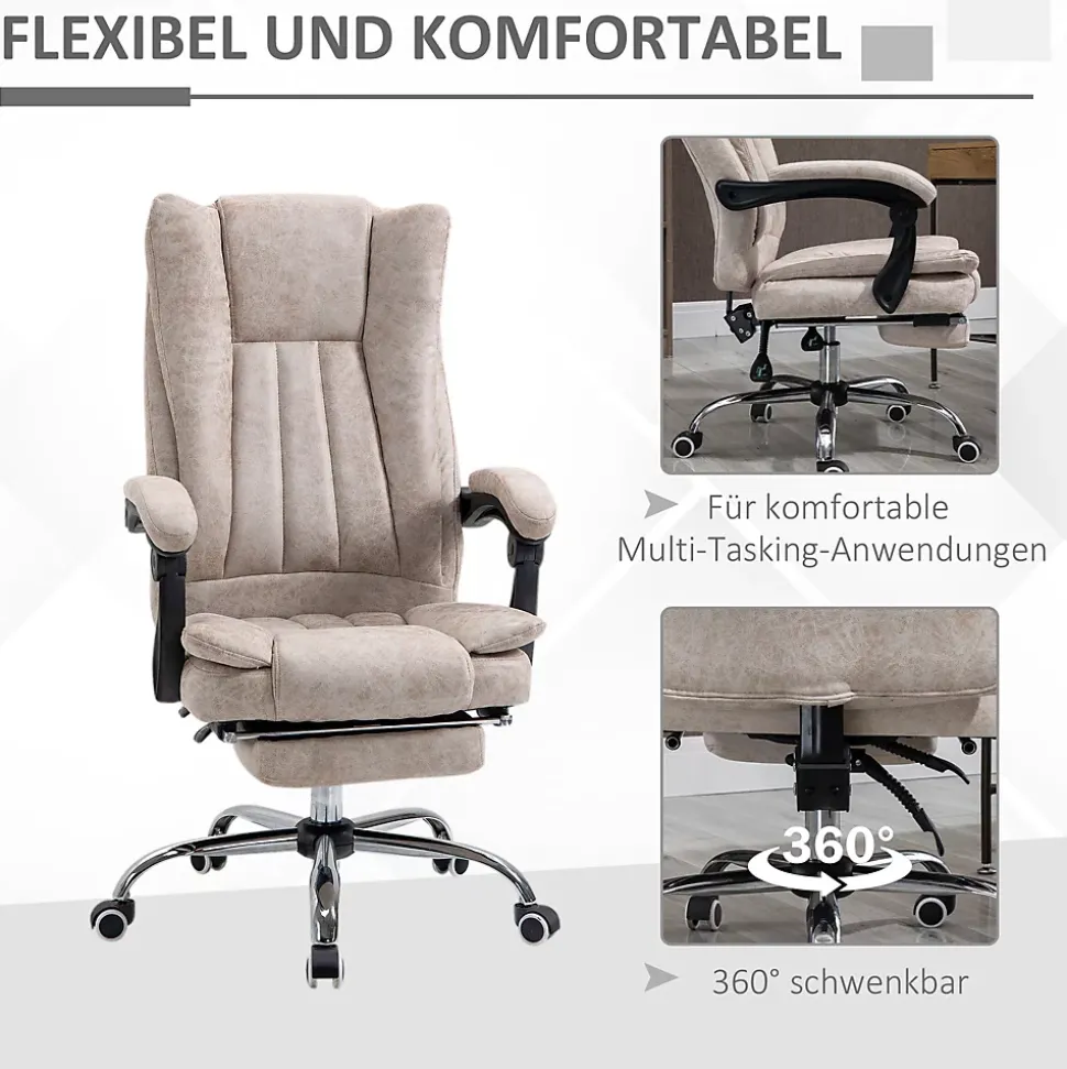 Fauteuil de Bureau Ergonomique - Chaise de Bureau Inclinable avec Repose-Pieds, Microfibre Douce, 63x71x118 cm, Beige
