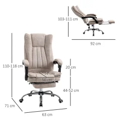Fauteuil de Bureau Ergonomique - Chaise de Bureau Inclinable avec Repose-Pieds, Microfibre Douce, 63x71x118 cm, Beige
