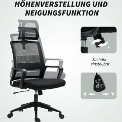 Fauteuil de Bureau Ergonomique - Chaise de Bureau Réglable avec Appui-Tête et Accoudoirs, Pivotante, Mesh Respirante, Noir