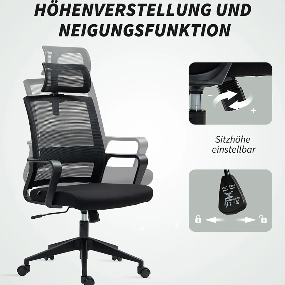 Fauteuil de Bureau Ergonomique - Chaise de Bureau Réglable avec Appui-Tête et Accoudoirs, Pivotante, Mesh Respirante, Noir