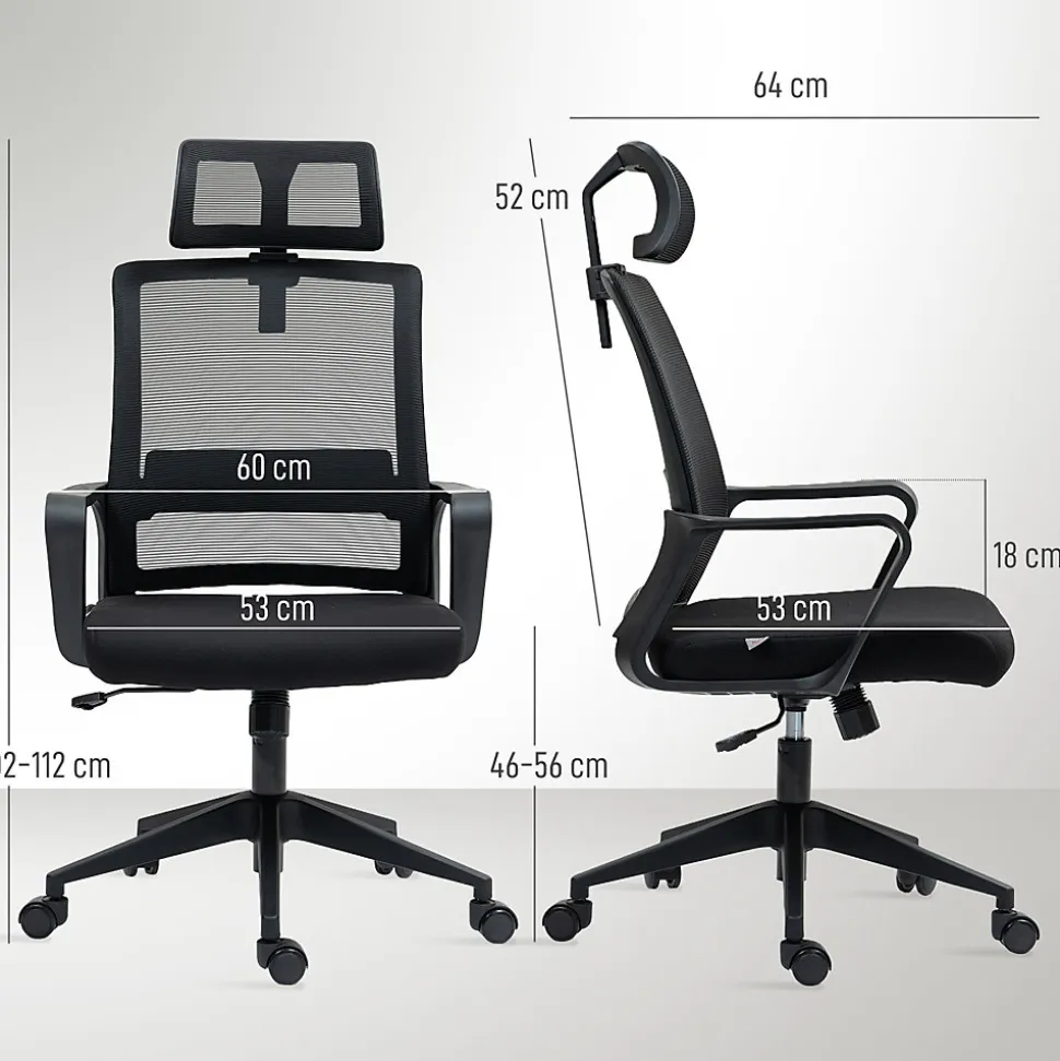Fauteuil de Bureau Ergonomique - Chaise de Bureau Réglable avec Appui-Tête et Accoudoirs, Pivotante, Mesh Respirante, Noir
