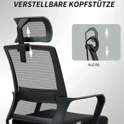 Fauteuil de Bureau Ergonomique - Chaise de Bureau Réglable avec Appui-Tête et Accoudoirs, Pivotante, Mesh Respirante, Noir