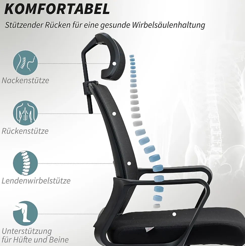Fauteuil de Bureau Ergonomique - Chaise de Bureau Réglable avec Appui-Tête et Accoudoirs, Pivotante, Mesh Respirante, Noir