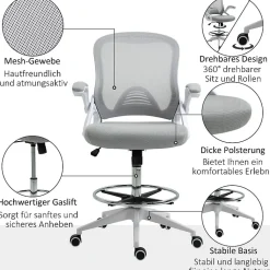 Fauteuil de Bureau Ergonomique - Chaise Pivotante, Accoudoirs Rabattables et Repose-Pieds Ajustable, Maille Respirante, Gris