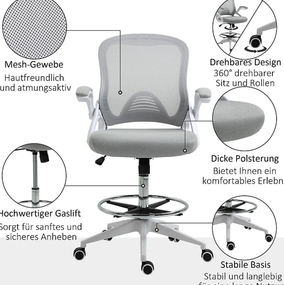 Fauteuil de Bureau Ergonomique - Chaise Pivotante, Accoudoirs Rabattables et Repose-Pieds Ajustable, Maille Respirante, Gris