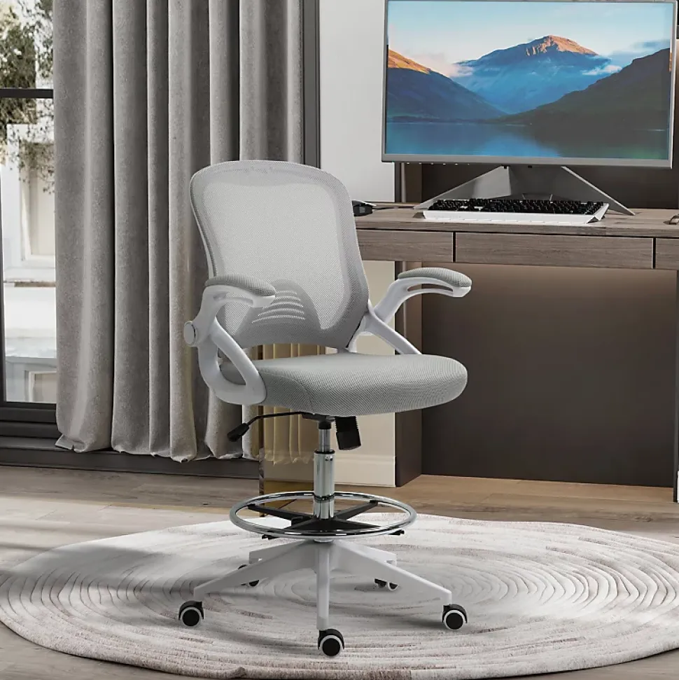 Fauteuil de Bureau Ergonomique - Chaise Pivotante, Accoudoirs Rabattables et Repose-Pieds Ajustable, Maille Respirante, Gris