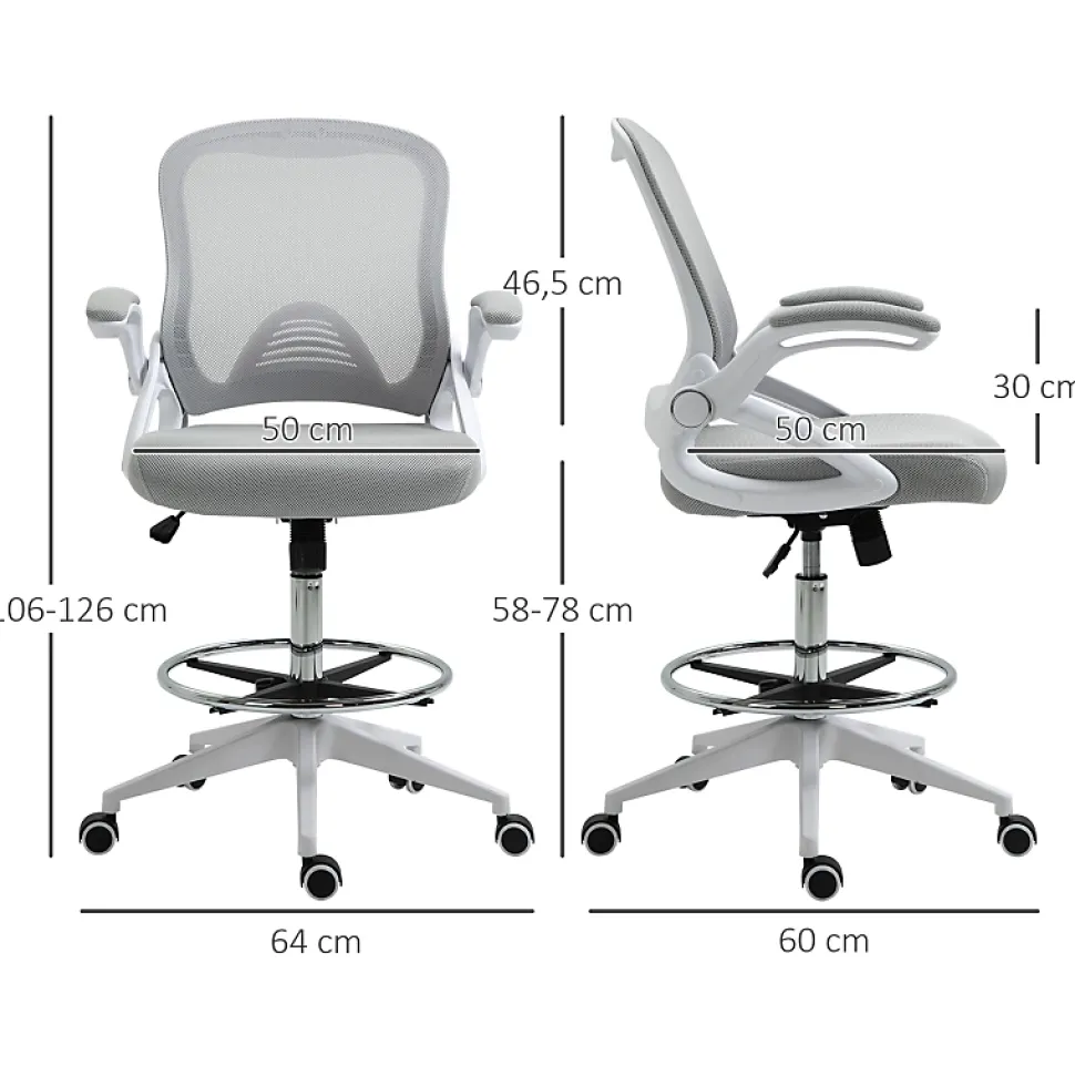 Fauteuil de Bureau Ergonomique - Chaise Pivotante, Accoudoirs Rabattables et Repose-Pieds Ajustable, Maille Respirante, Gris