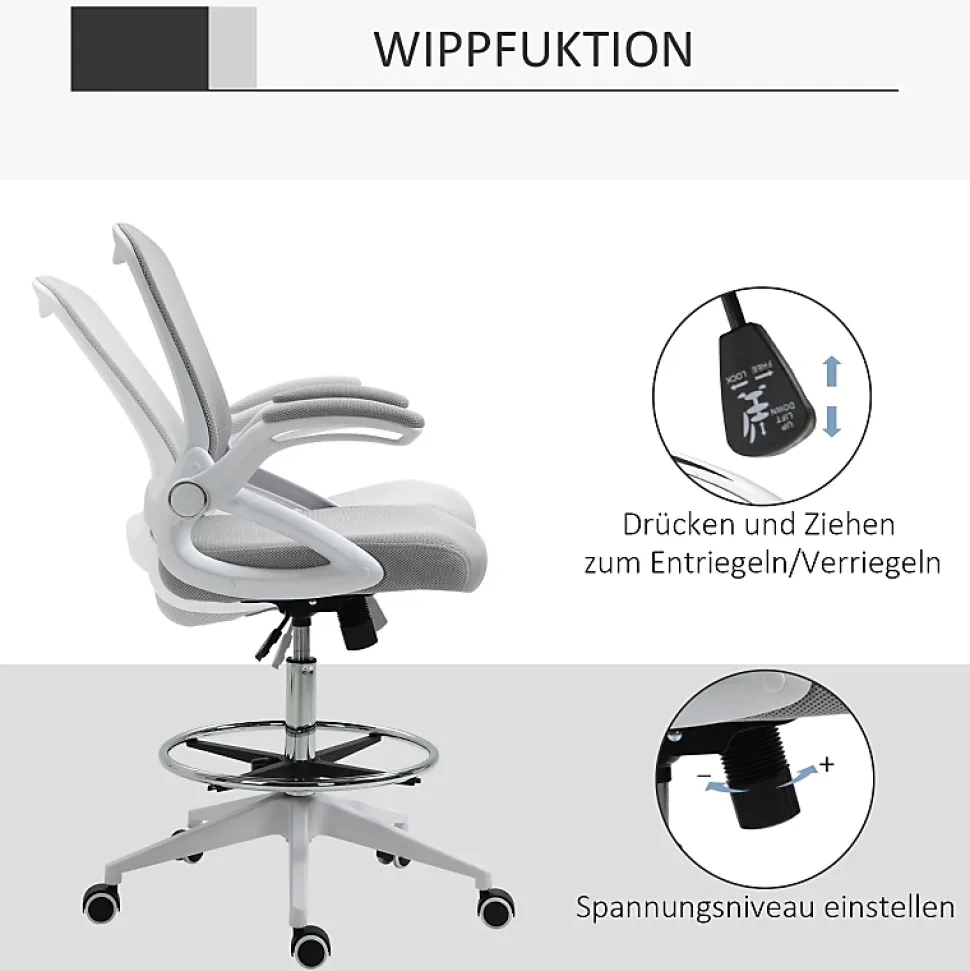 Fauteuil de Bureau Ergonomique - Chaise Pivotante, Accoudoirs Rabattables et Repose-Pieds Ajustable, Maille Respirante, Gris
