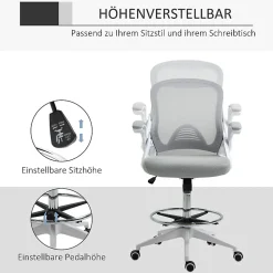 Fauteuil de Bureau Ergonomique - Chaise Pivotante, Accoudoirs Rabattables et Repose-Pieds Ajustable, Maille Respirante, Gris