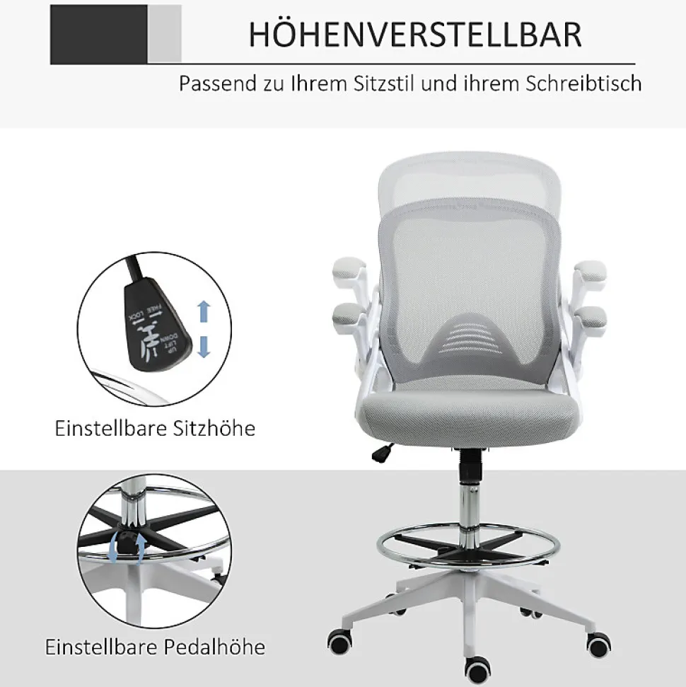 Fauteuil de Bureau Ergonomique - Chaise Pivotante, Accoudoirs Rabattables et Repose-Pieds Ajustable, Maille Respirante, Gris