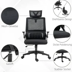 Fauteuil de bureau ergonomique - Chaise de bureau pivotante avec dossier inclinable, professionnel pour ordinateur, Mesh, Noir