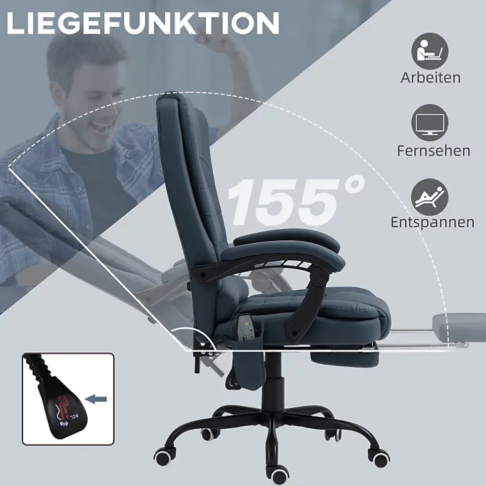 Fauteuil de Bureau Ergonomique avec Massage Vibrant, Repose-Pieds Réglable - PU Bleu, 67x67x121 cm
