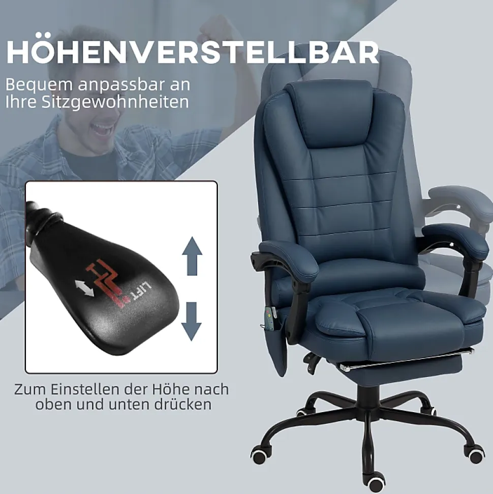 Fauteuil de Bureau Ergonomique avec Massage Vibrant, Repose-Pieds Réglable - PU Bleu, 67x67x121 cm