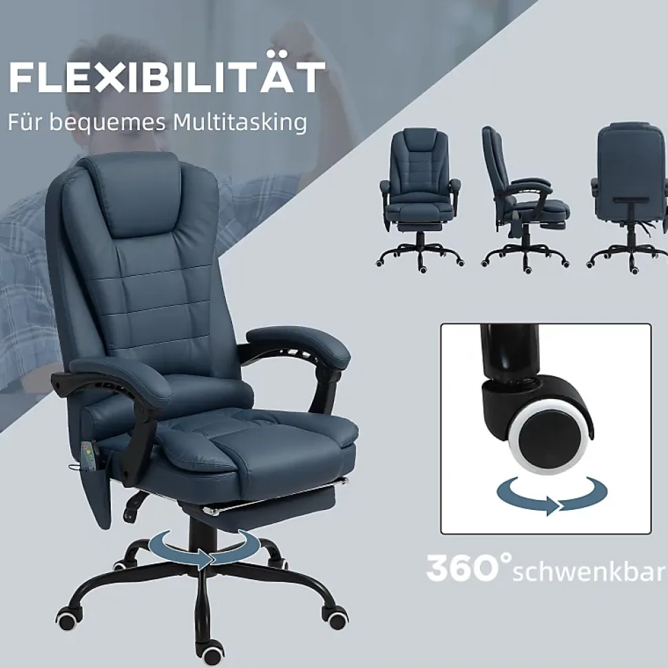 Fauteuil de Bureau Ergonomique avec Massage Vibrant, Repose-Pieds Réglable - PU Bleu, 67x67x121 cm