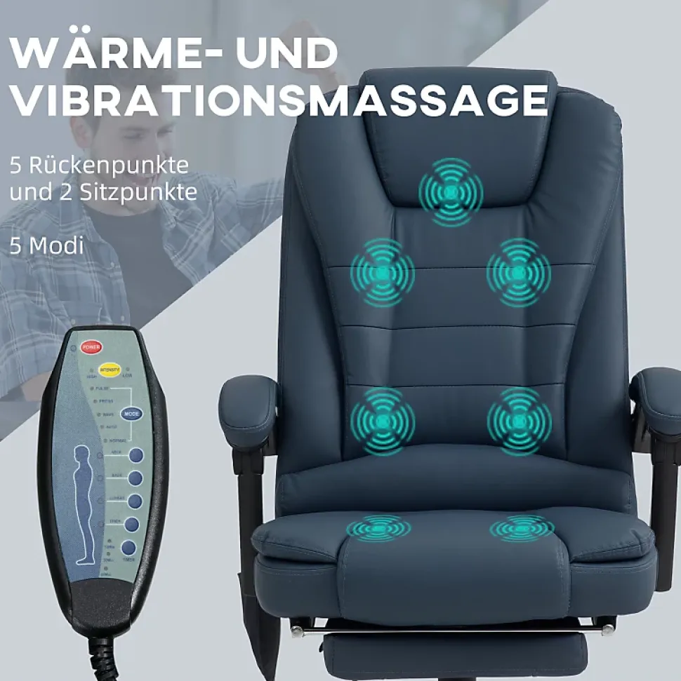 Fauteuil de Bureau Ergonomique avec Massage Vibrant, Repose-Pieds Réglable - PU Bleu, 67x67x121 cm