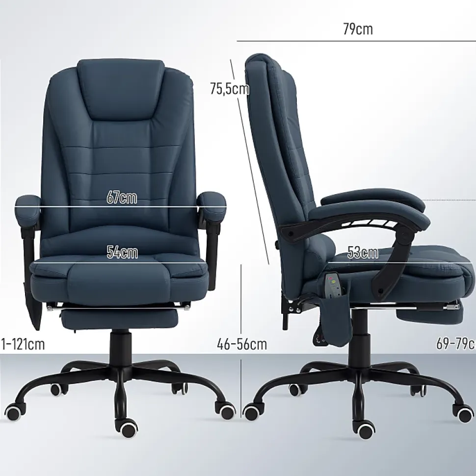 Fauteuil de Bureau Ergonomique avec Massage Vibrant, Repose-Pieds Réglable - PU Bleu, 67x67x121 cm