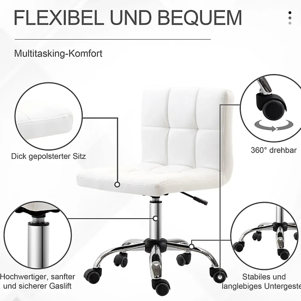Fauteuil de Bureau Ergonomique - Chaise Sans Accoudoirs avec Réglage en Hauteur et Pivotante, PU, Blanc