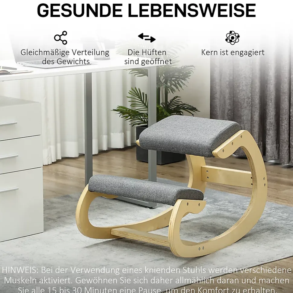 Fauteuil de Bureau Ergonomique - Chaise à Genoux pour Posture Correcte avec Basculante en Bois Gris, 54,5x85x54 cm