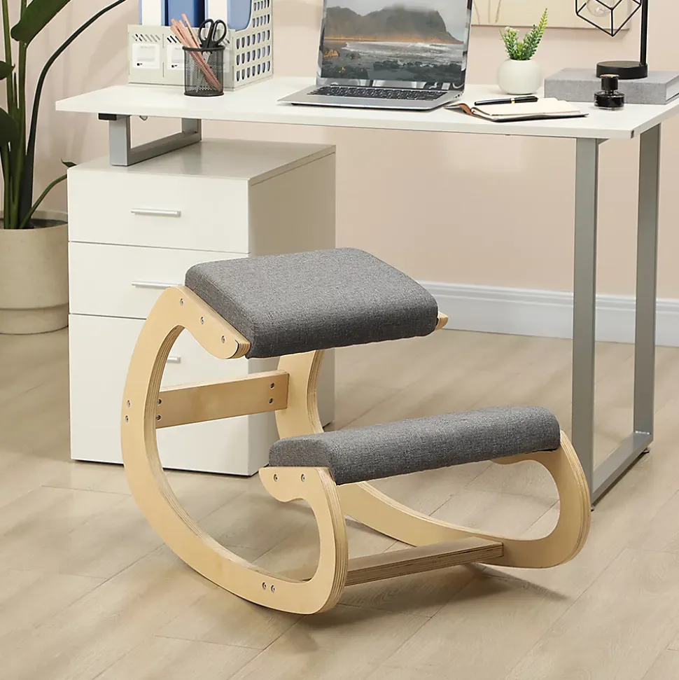 Fauteuil de Bureau Ergonomique - Chaise à Genoux pour Posture Correcte avec Basculante en Bois Gris, 54,5x85x54 cm