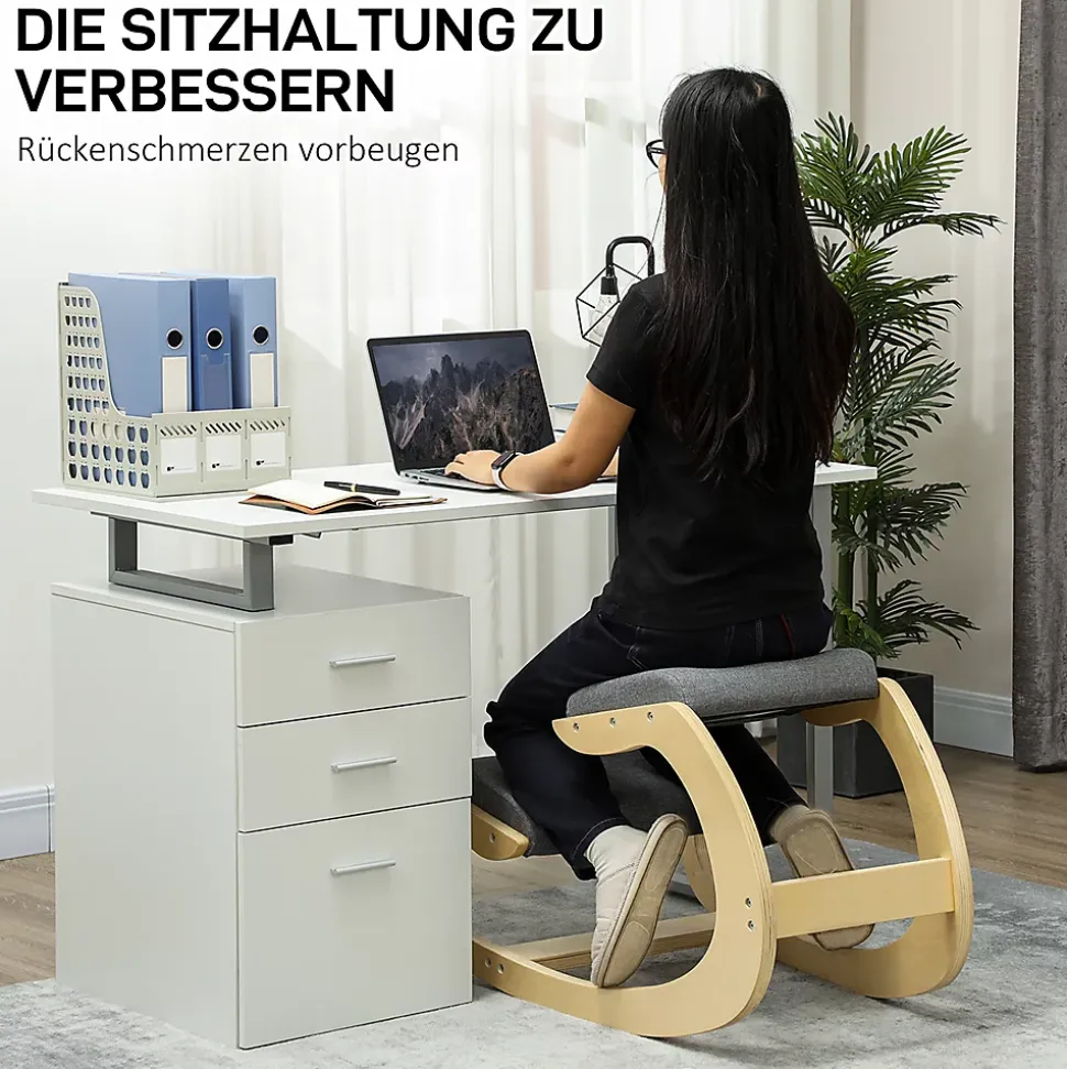 Fauteuil de Bureau Ergonomique - Chaise à Genoux pour Posture Correcte avec Basculante en Bois Gris, 54,5x85x54 cm