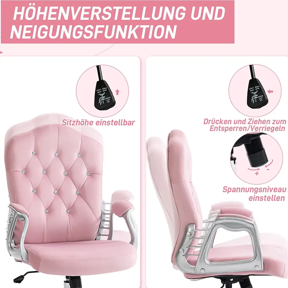 Fauteuil de bureau ergonomique - Chaise de bureau réglable inclinable, Confortable pour travail, Polyester, Rose, 61x61x114 cm