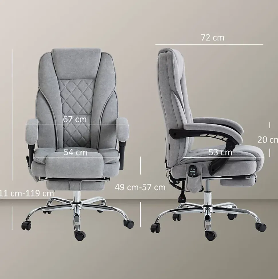 Fauteuil de Bureau Ergonomique - Chaise de Bureau Massant Chauffant avec Repose-Pieds et Télécommande, Polyester Gris 72x67x119 cm