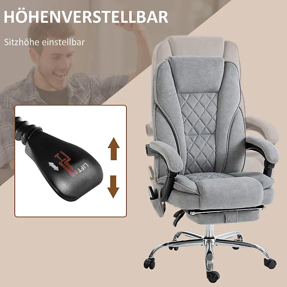 Fauteuil de Bureau Ergonomique - Chaise de Bureau Massant Chauffant avec Repose-Pieds et Télécommande, Polyester Gris 72x67x119 cm