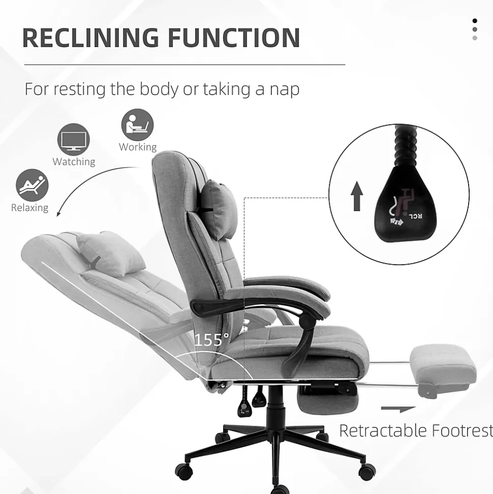 Fauteuil de Bureau Ergonomique avec Appui-Tête et Repose-Pieds - Réglable en Hauteur - Lin, 66x76x120 cm, Gris Clair